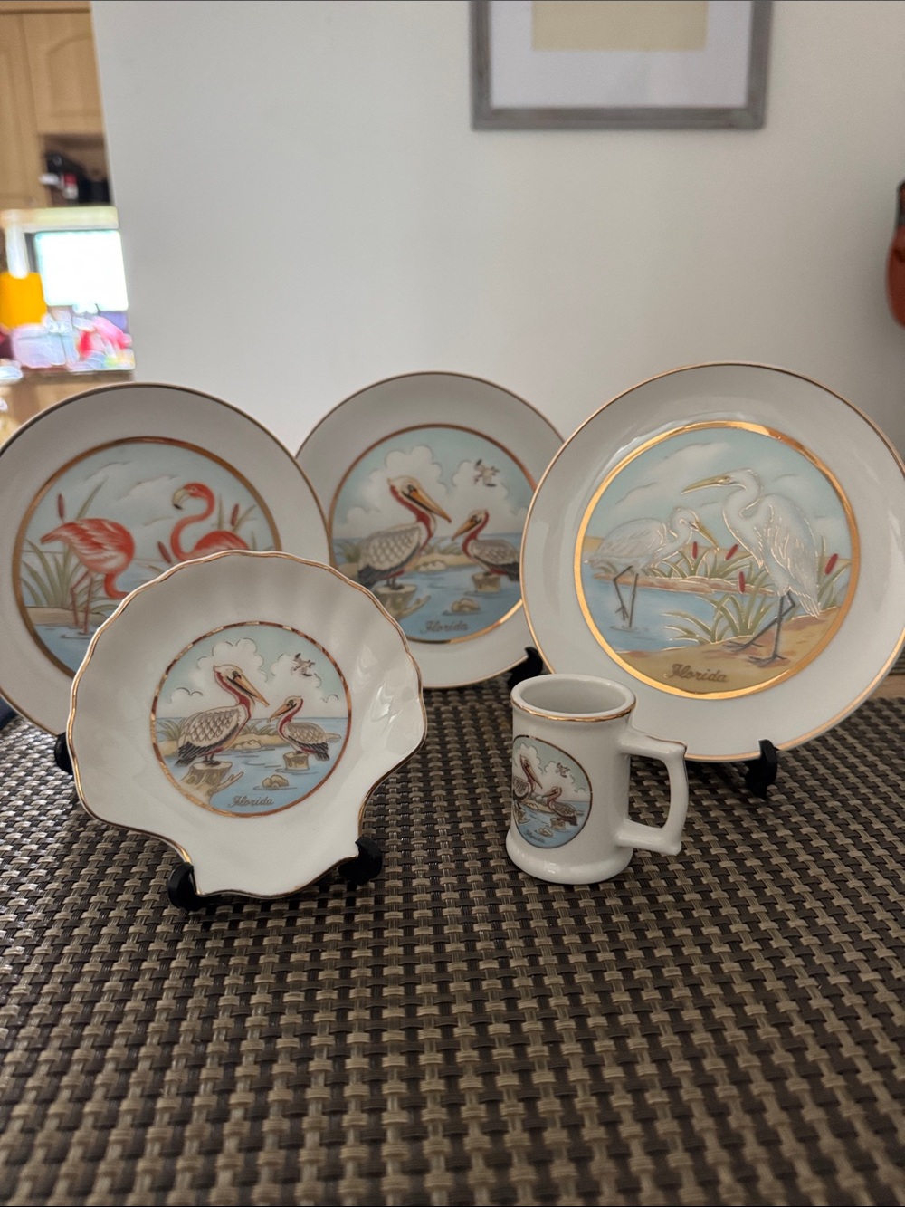Florida Coastal Bird Decorative Plate Set – White and Gold
